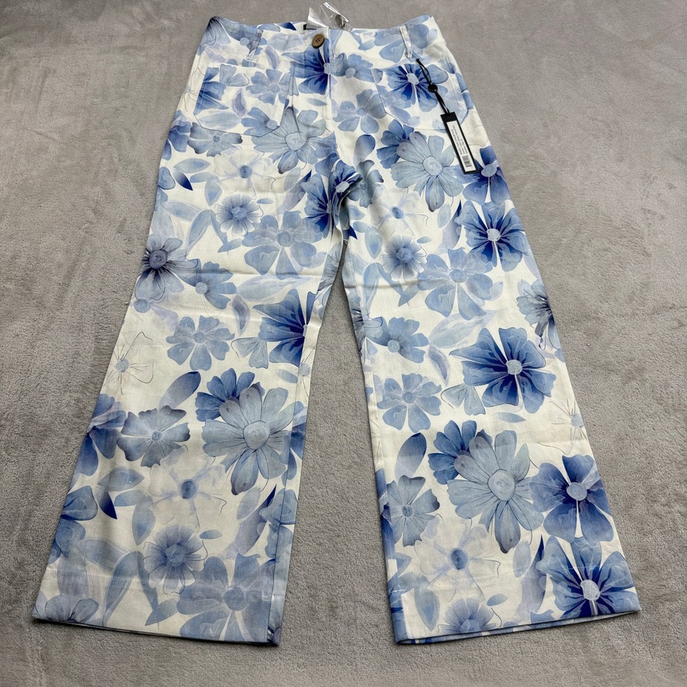 Charlie B Wide Leg Pants Womens 10 Blue Floral Linen Blend Coastal Grandma Boho